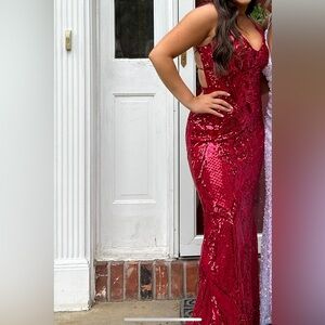 Red sequence prom dress, “B. Darlin” brand
